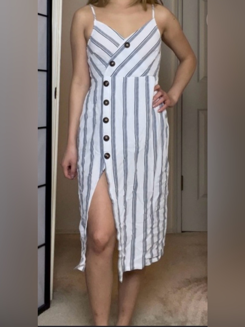 NWT Lush clothing brand Navy and white  Striped Button-Front Midi Dress  Size L